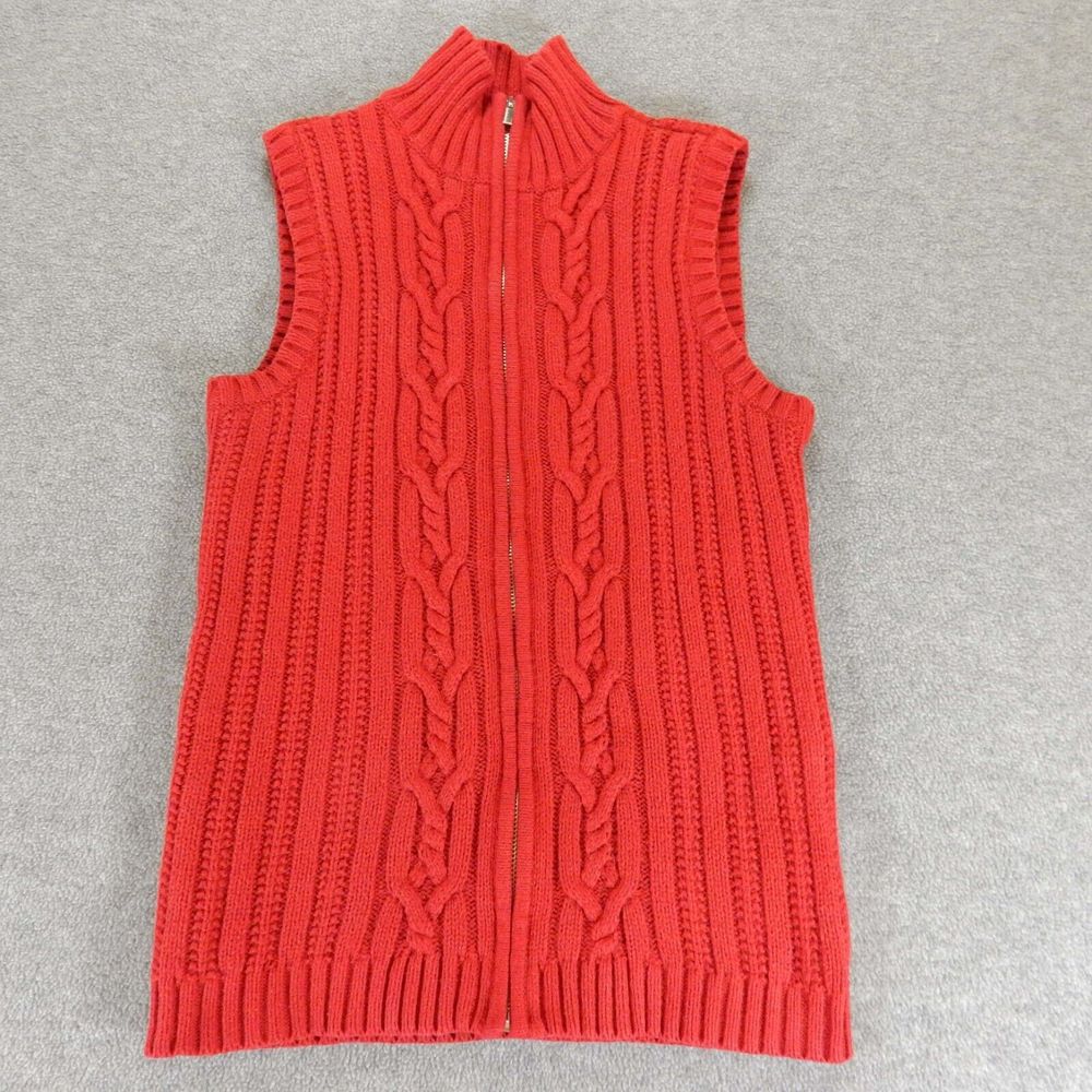 Liz Claiborne Womens Vest XS Petite Red Zip Cardigan Collar Cable Knit Lined